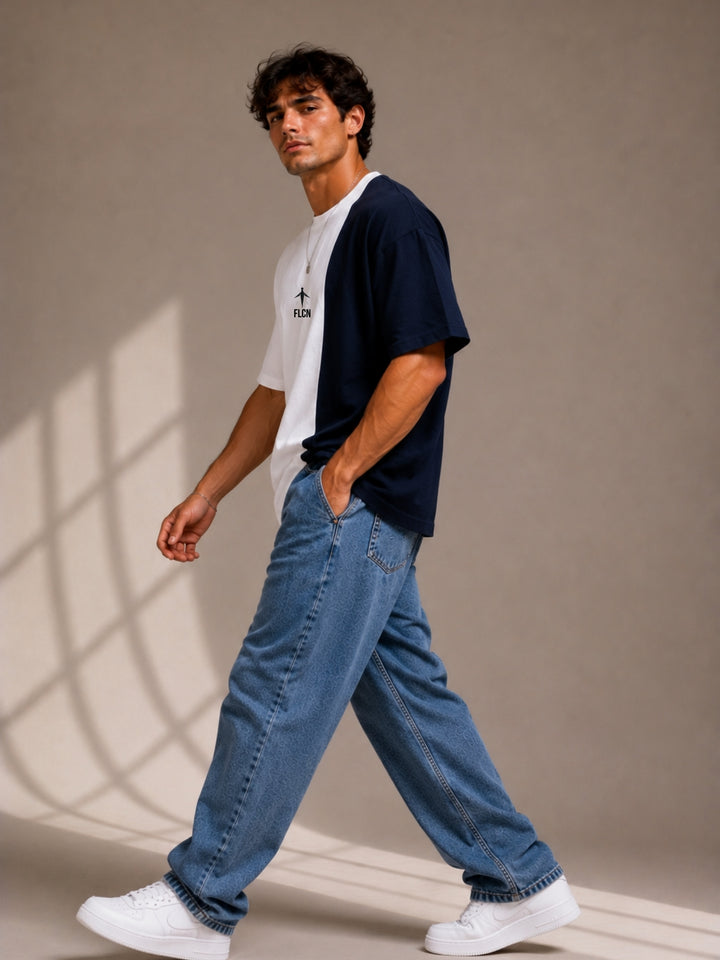 Men Oversized T-Shirt – White &amp; Navy Blue