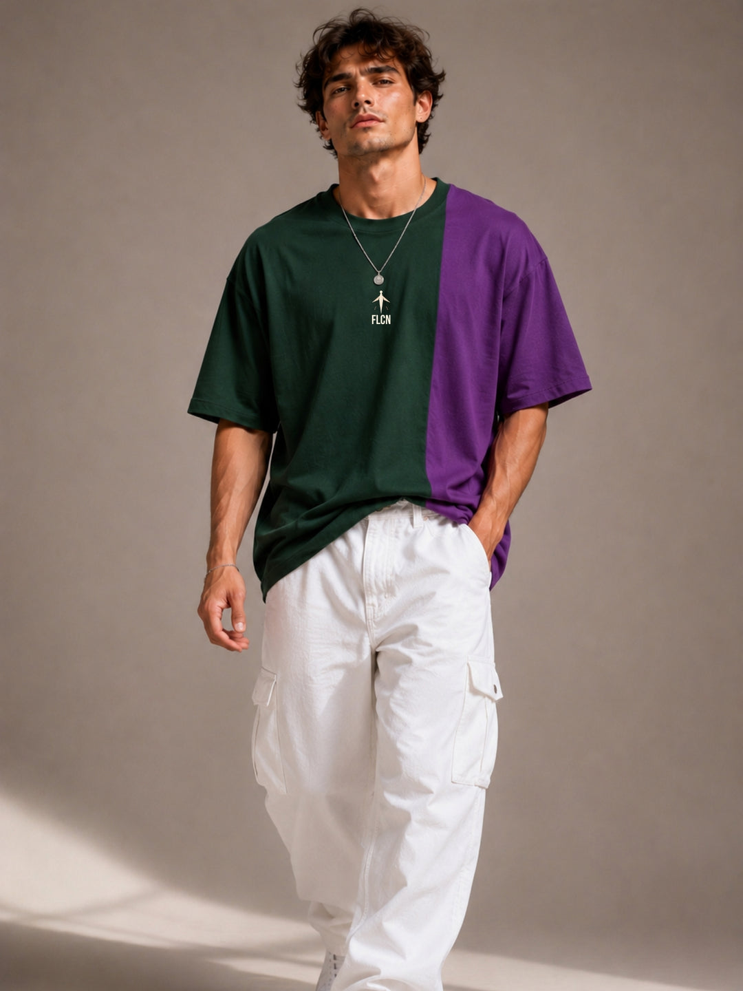 Men's green & purple colour block oversized drop-shoulder t-shirt | FLCN
