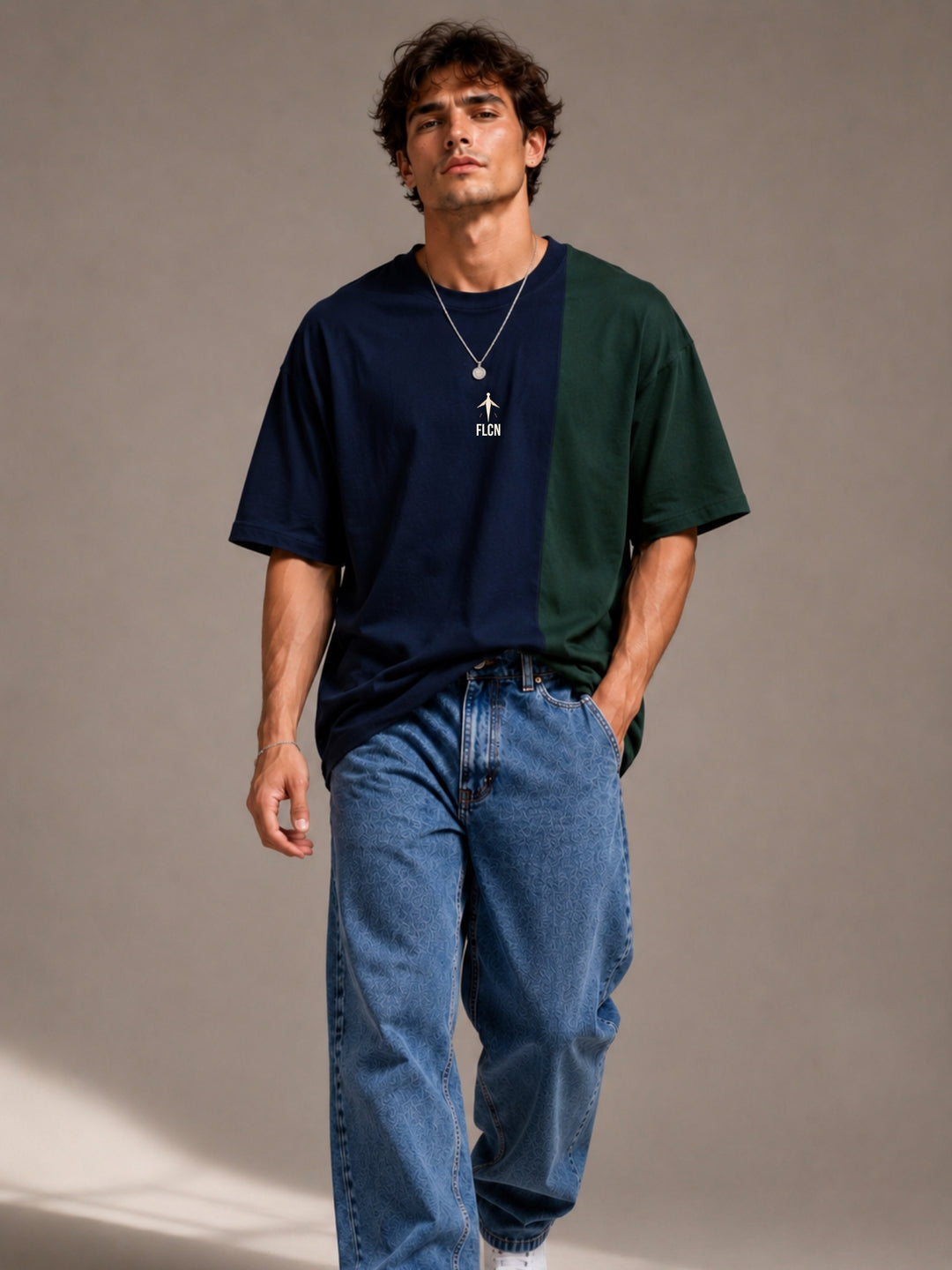 Men's navy blue & green colour block oversized drop-shoulder t-shirt | FLCN