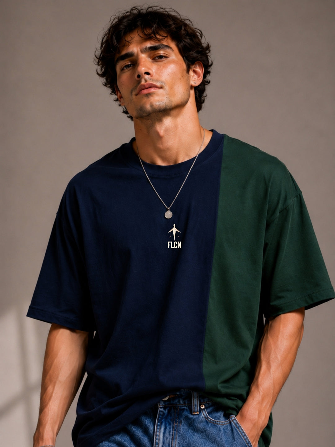 Men Oversized T-Shirt – Navy Blue &amp; Green