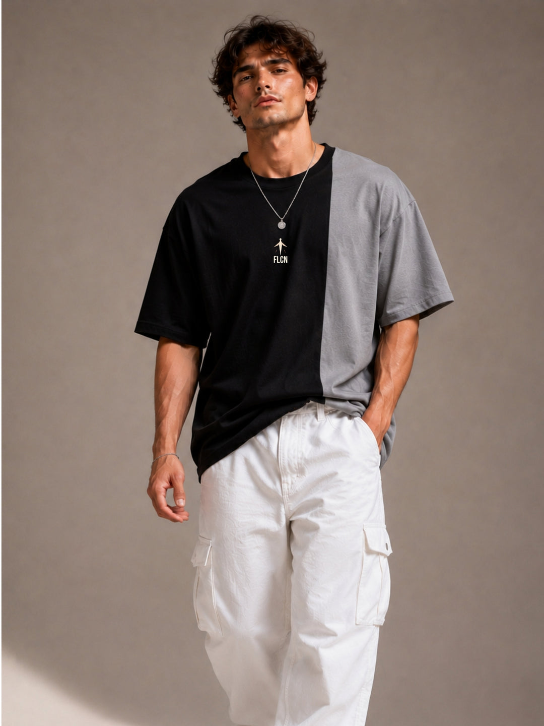 Men's black & gray colour block oversized drop-shoulder t-shirt | FLCN