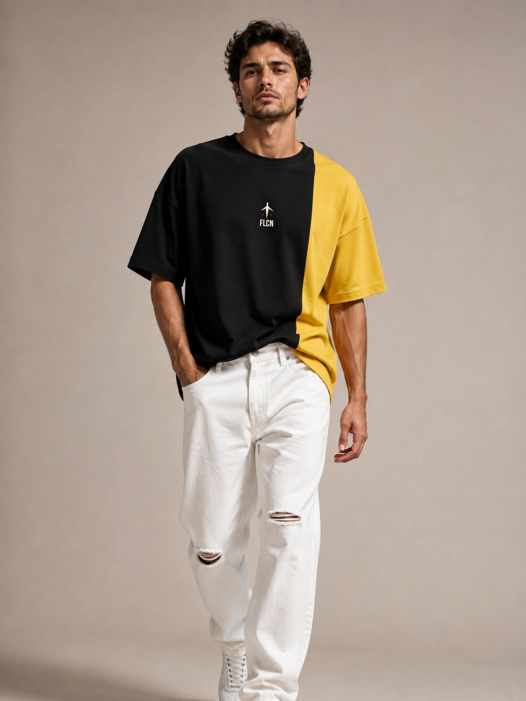 Men's black & yellow colour block oversized drop-shoulder t-shirt | FLCN