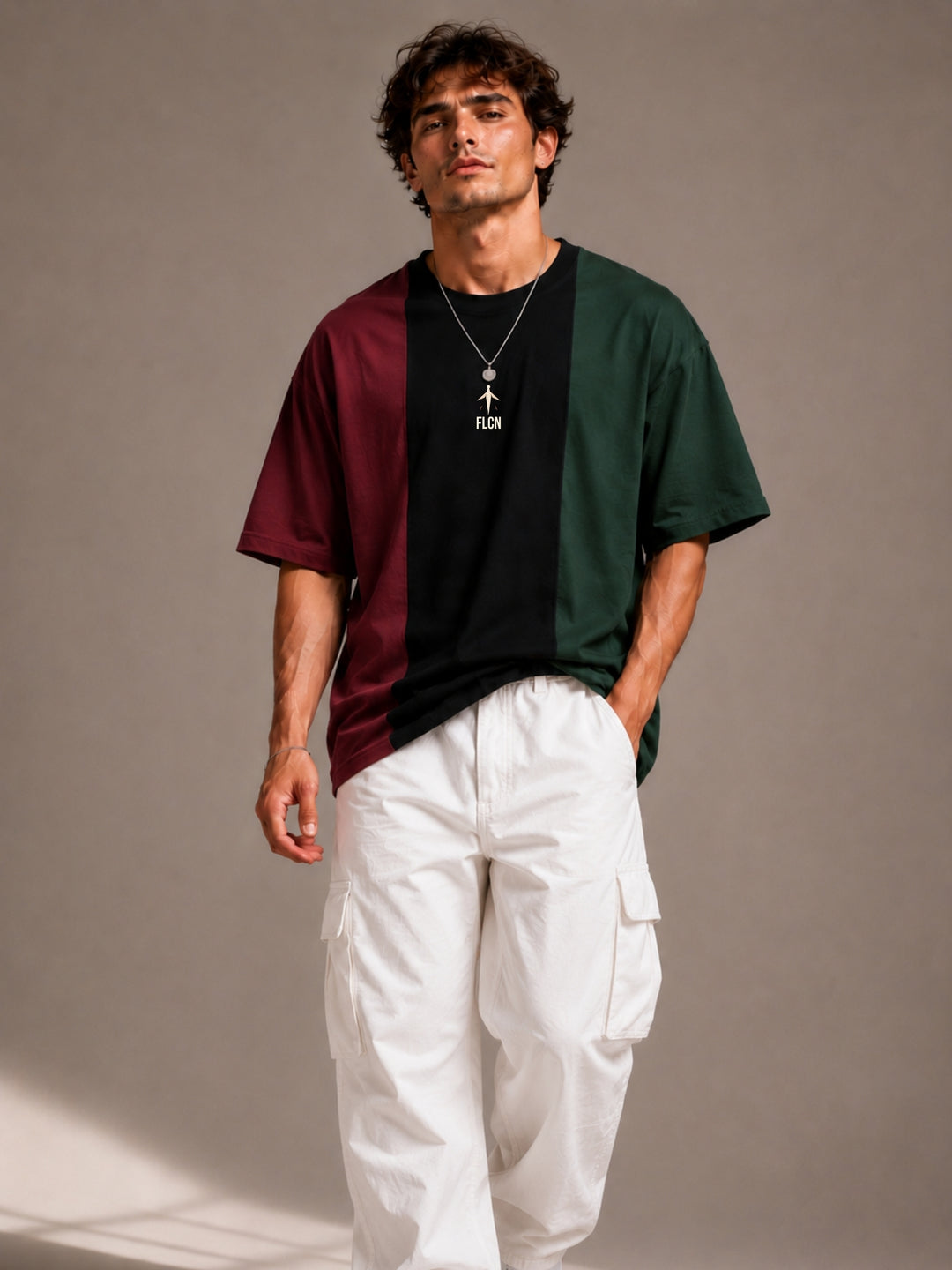Men's maroon, black & green colour block oversized drop-shoulder t-shirt | FLCN