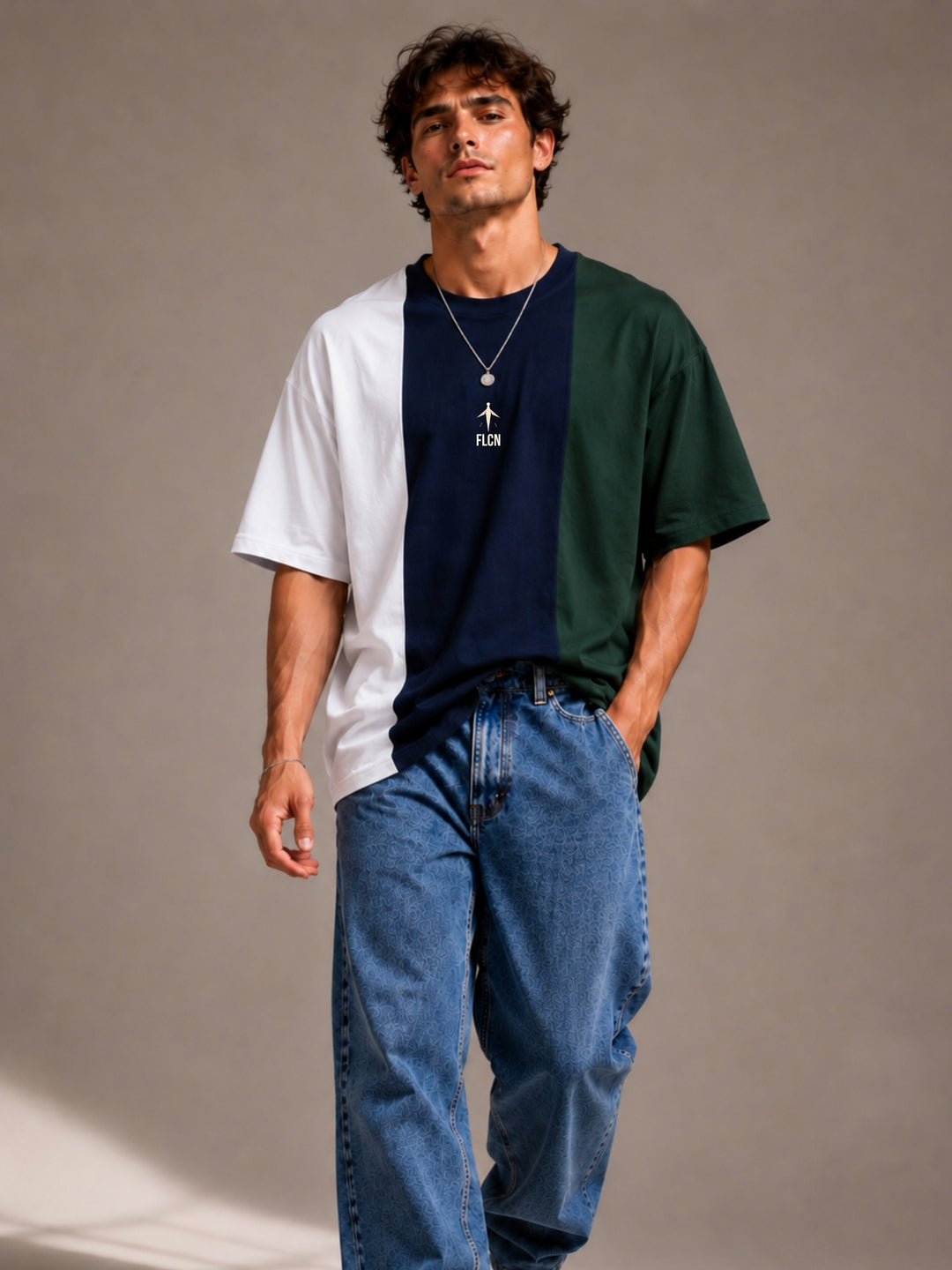 Men's white, navy blue & green colour block oversized drop-shoulder t-shirt | FLCN