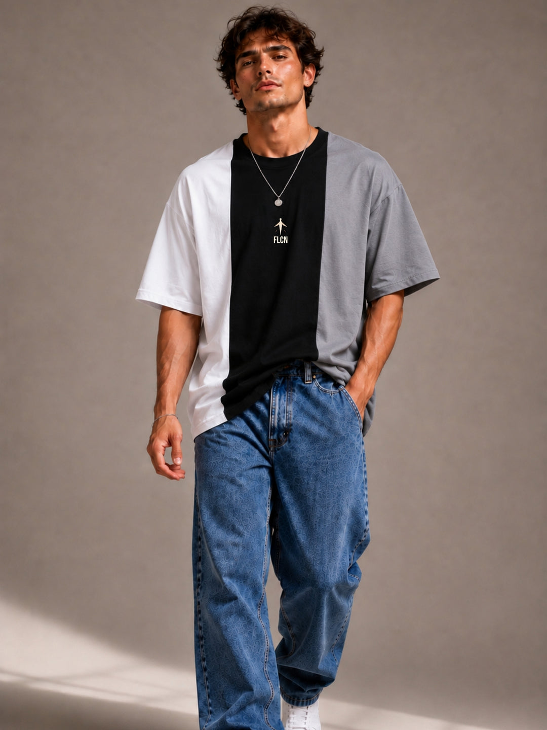Men's white, black & gray colour block oversized drop-shoulder t-shirt | FLCN