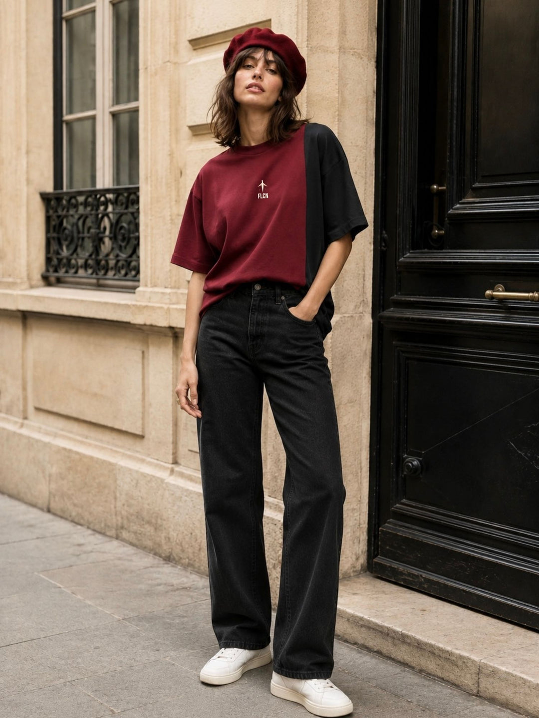 Women's maroon & black colour block oversized drop-shoulder t-shirt | FLCN