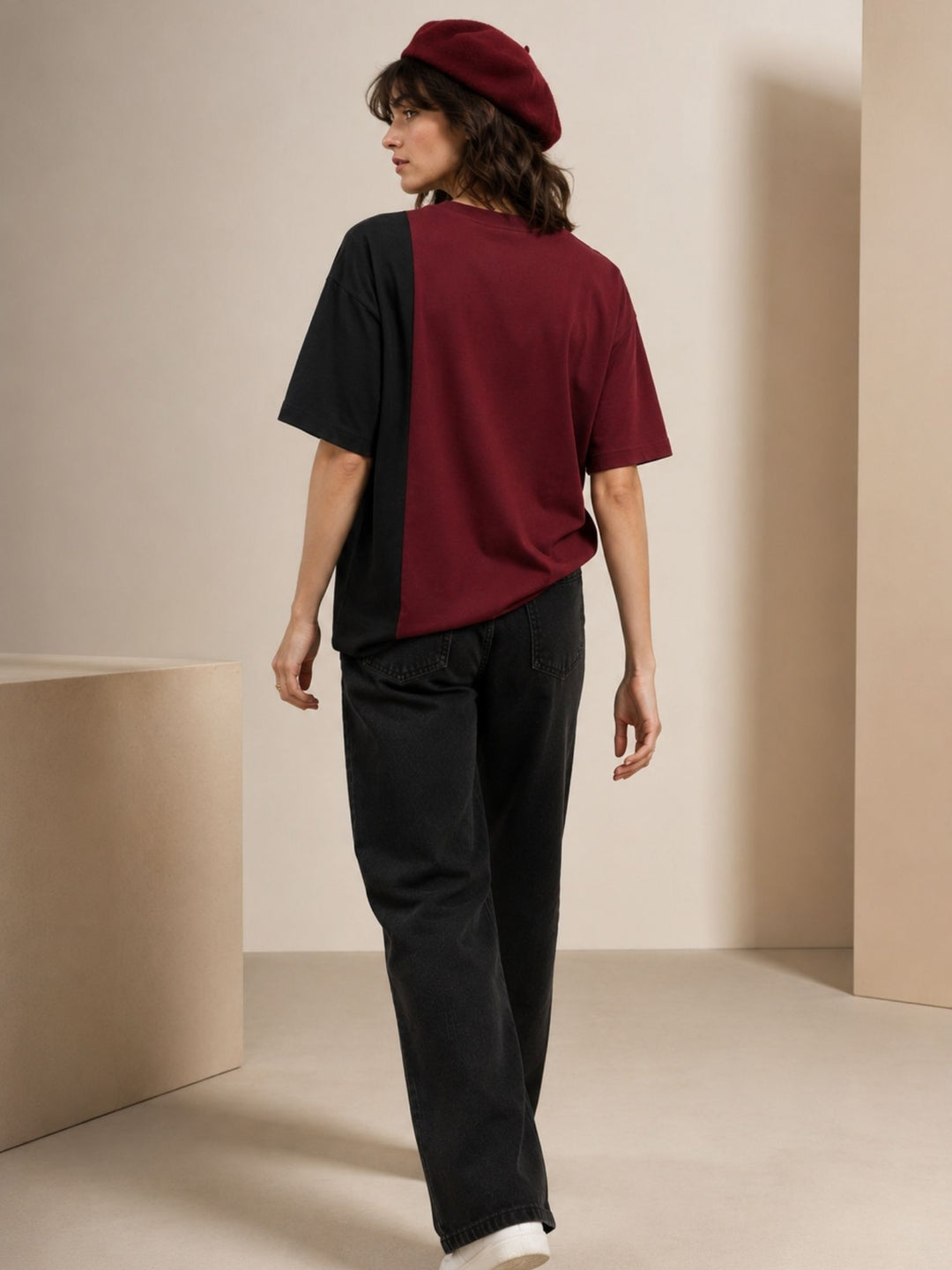 Women Oversized T-Shirt – Maroon &amp; Black