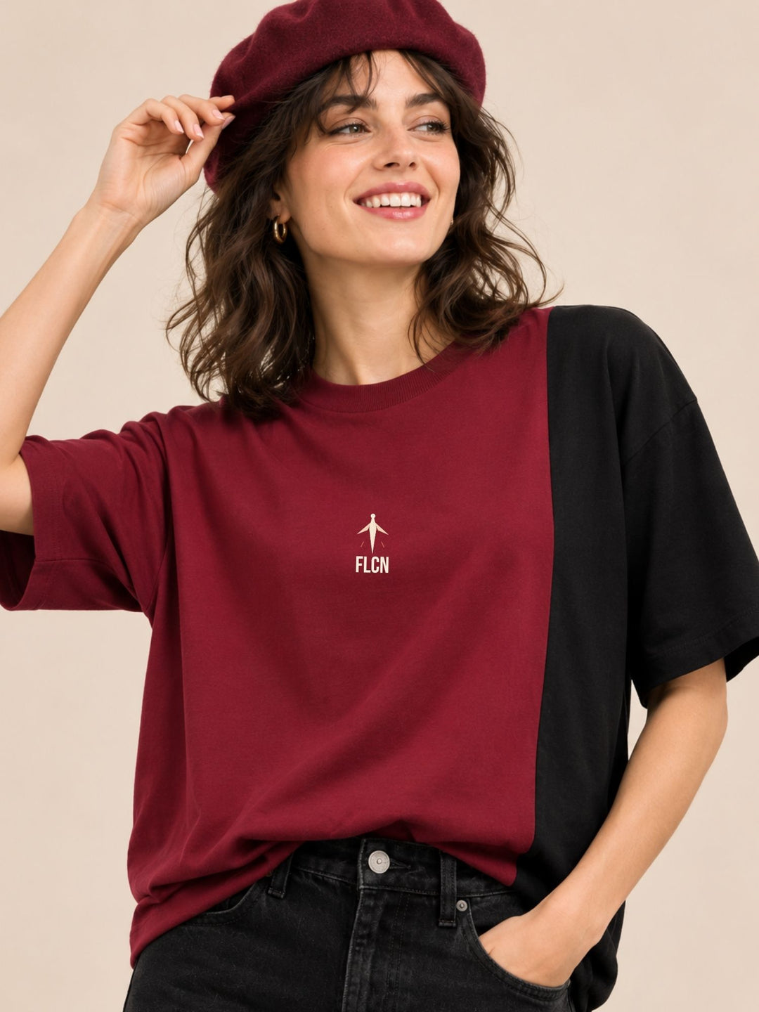 Women Oversized T-Shirt – Maroon &amp; Black