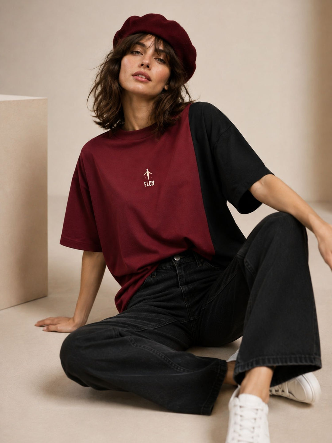 Women Oversized T-Shirt – Maroon &amp; Black