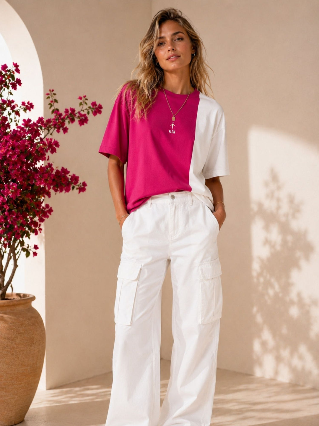 Women's magenta pink & white colour block oversized drop-shoulder t-shirt | FLCN