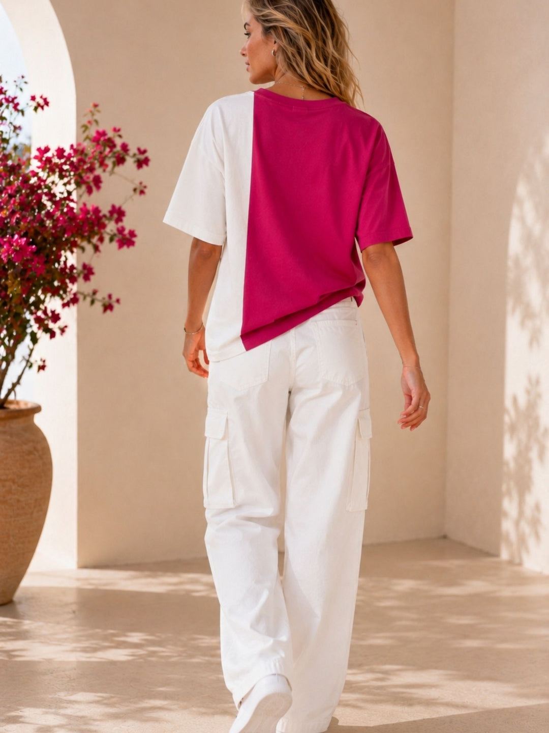 Women Oversized T-Shirt – Magenta Pink &amp; White