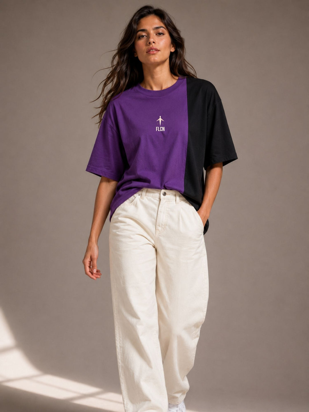 Women's purple & black colour block oversized drop-shoulder t-shirt | FLCN