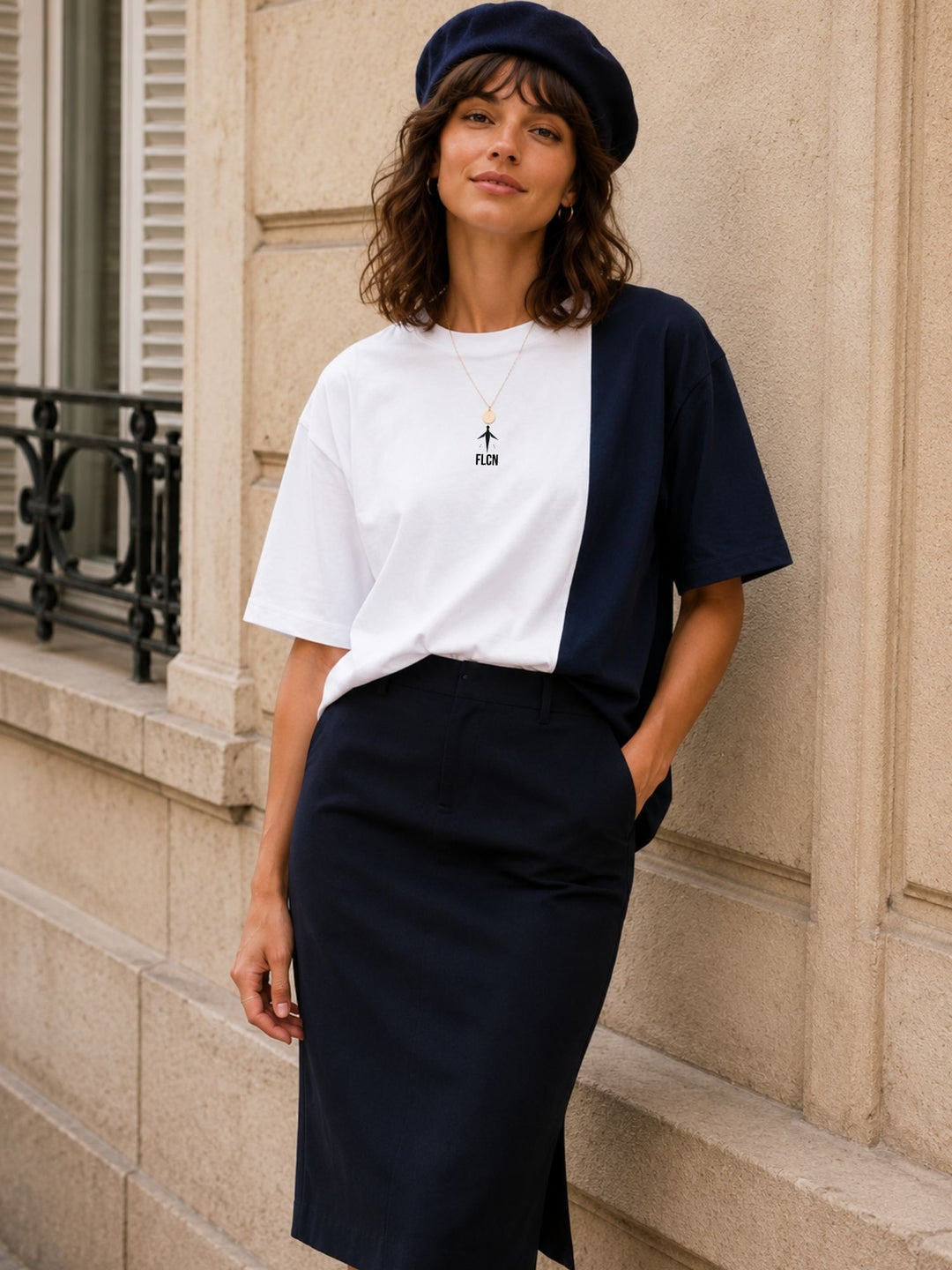 Women's white & navy blue colour block oversized drop-shoulder t-shirt | FLCN