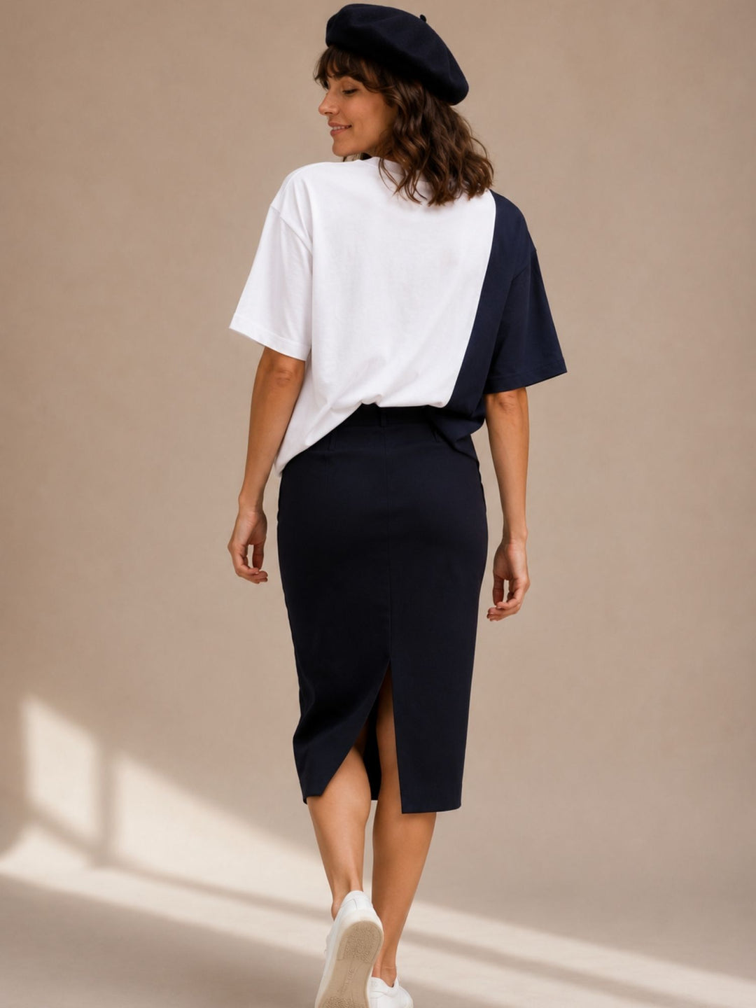 Women Oversized T-Shirt – White &amp; Navy Blue