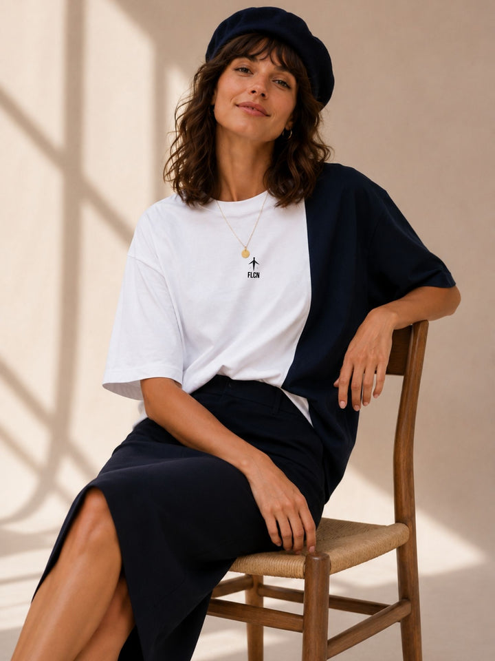 Women Oversized T-Shirt – White &amp; Navy Blue