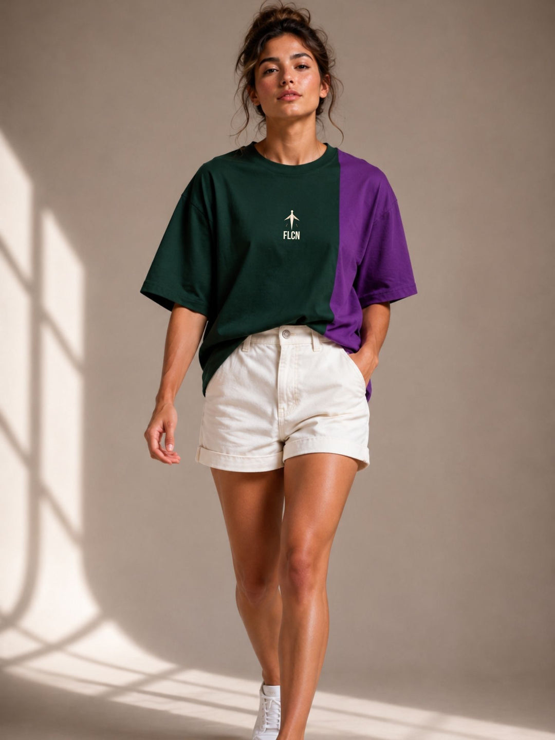 Women's green & purple colour block oversized drop-shoulder t-shirt | FLCN