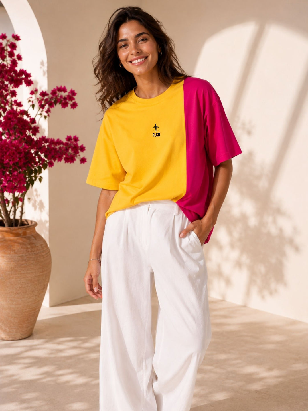Women's yellow & magenta pink colour block oversized drop-shoulder t-shirt | FLCN