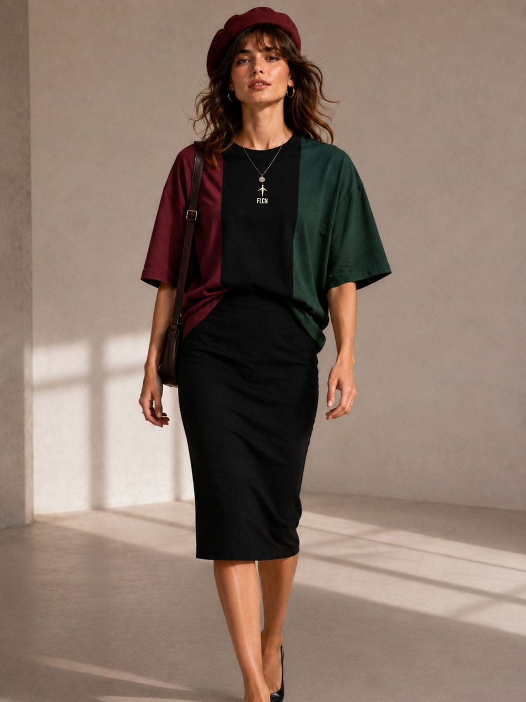 Women's maroon, black & green colour block oversized drop-shoulder t-shirt | FLCN