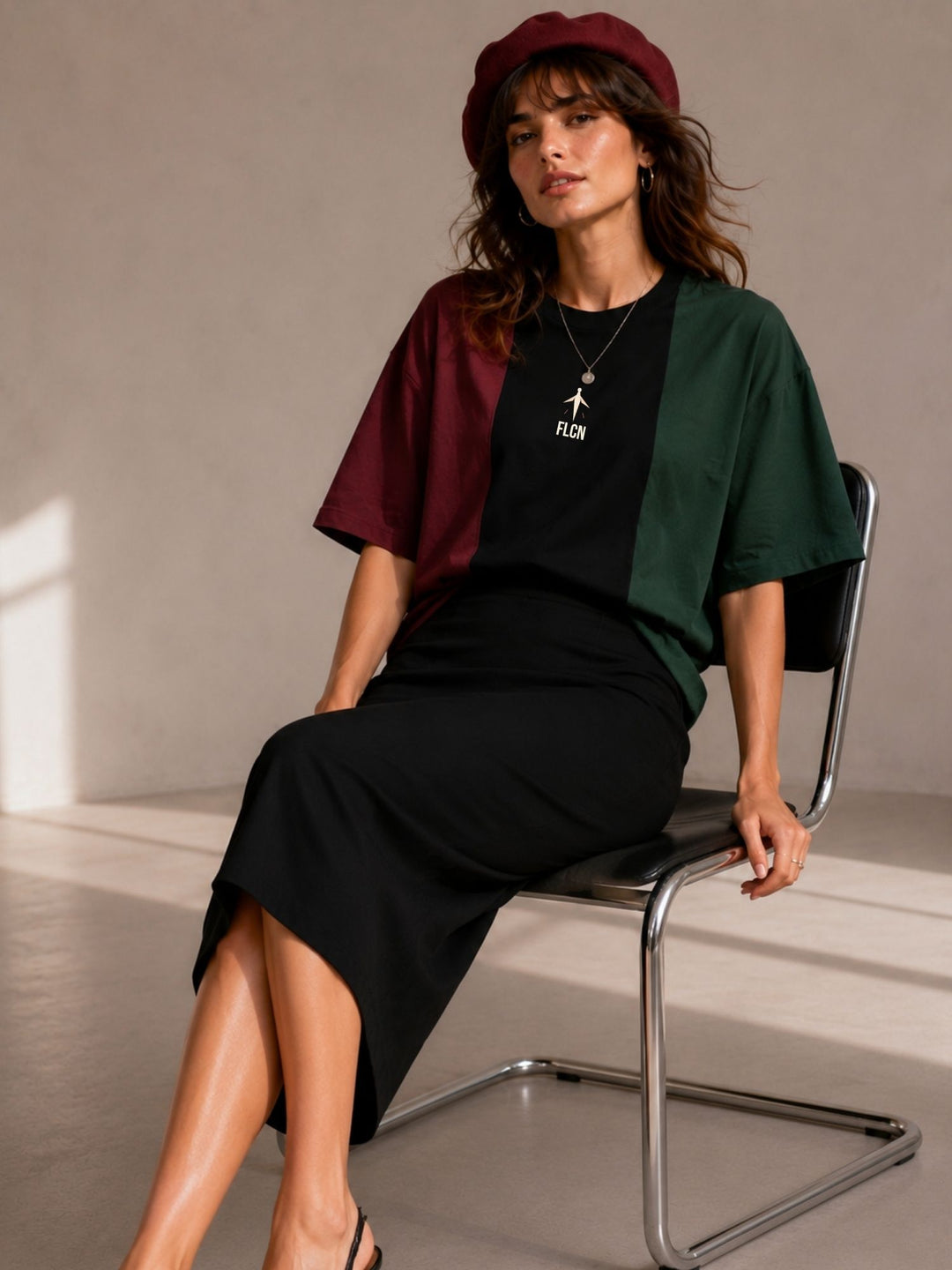 Women Oversized T-Shirt – Maroon, Black &amp; Green