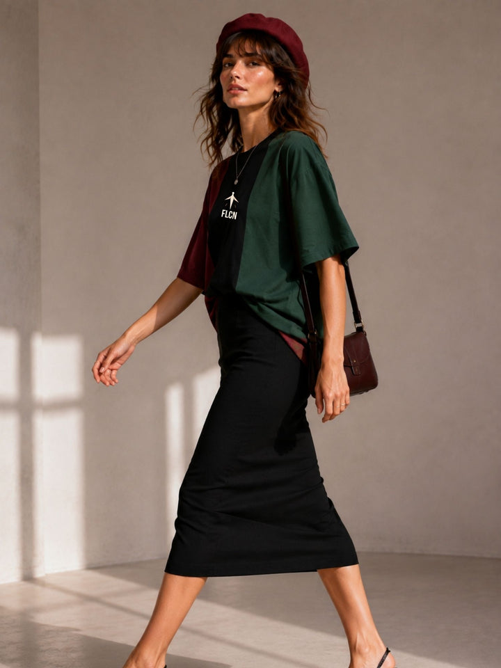 Women Oversized T-Shirt – Maroon, Black &amp; Green
