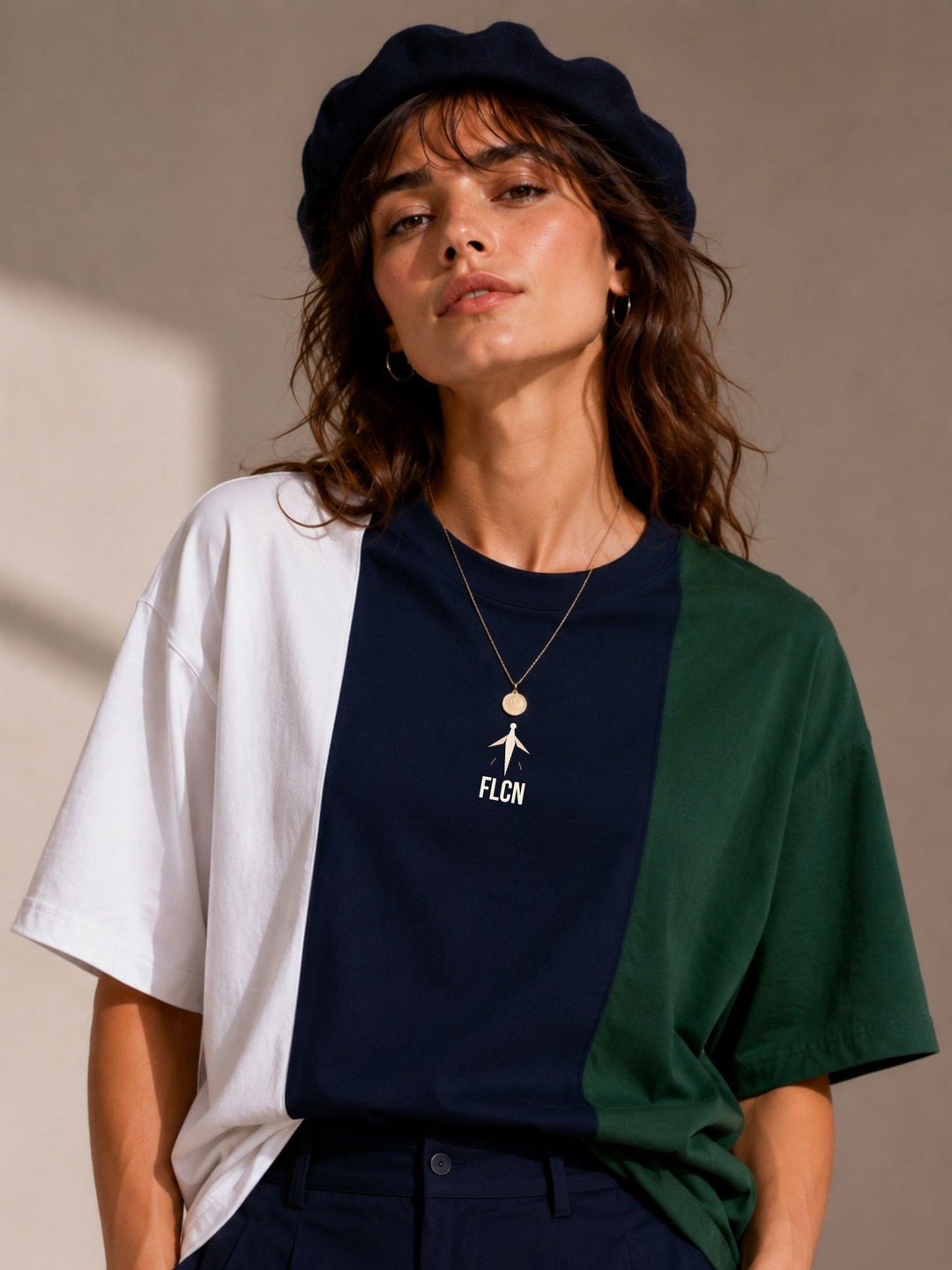 Women Oversized T-Shirt – White, Navy Blue &amp; Green