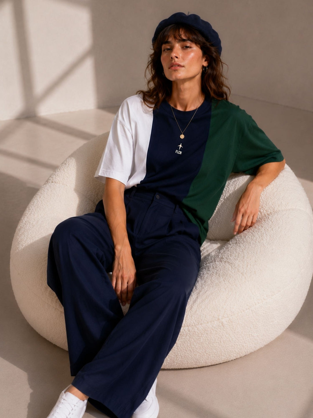Women Oversized T-Shirt – White, Navy Blue &amp; Green