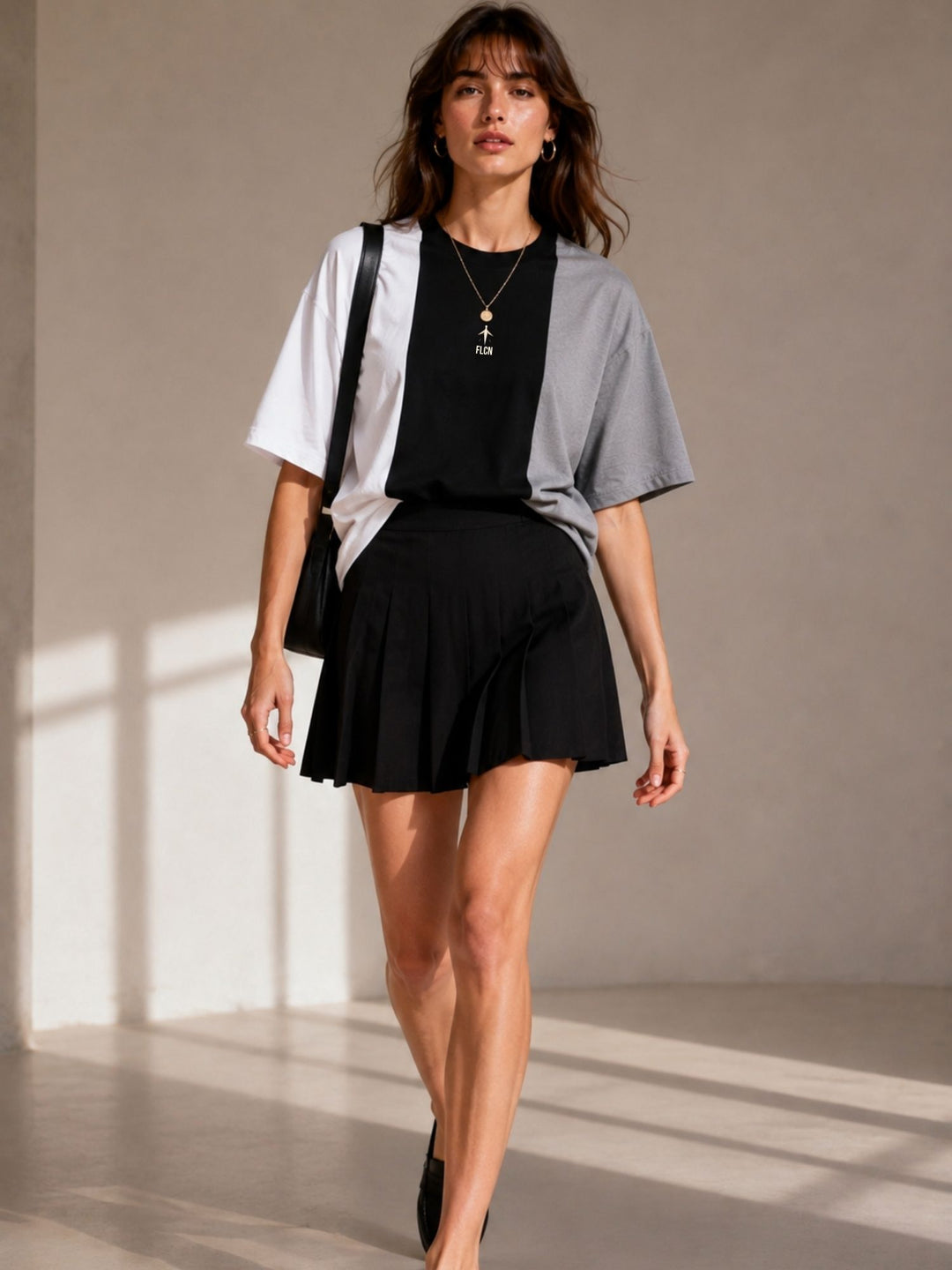 Women's white, black & gray colour block oversized drop-shoulder t-shirt | FLCN
