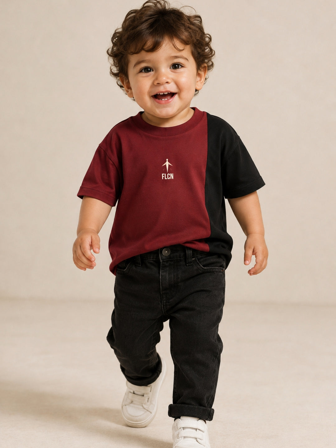 Boys' maroon & black colour block oversized drop-shoulder t-shirt | FLCN
