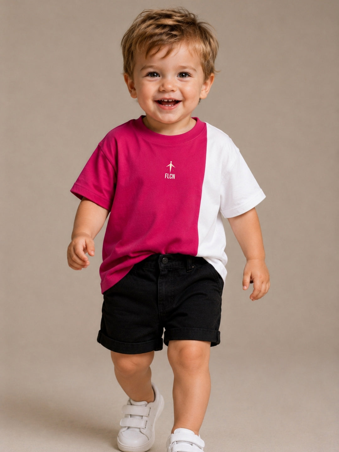 Boys' magenta pink & white colour block oversized drop-shoulder t-shirt | FLCN