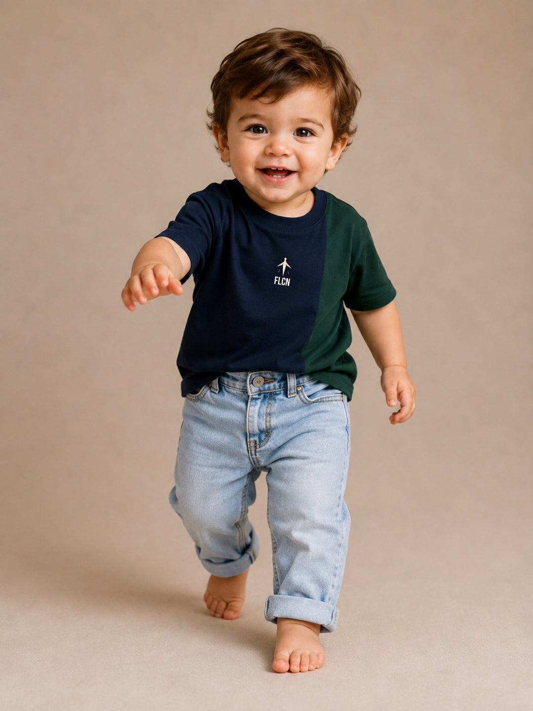 Boys' navy blue & green colour block oversized drop-shoulder t-shirt | FLCN