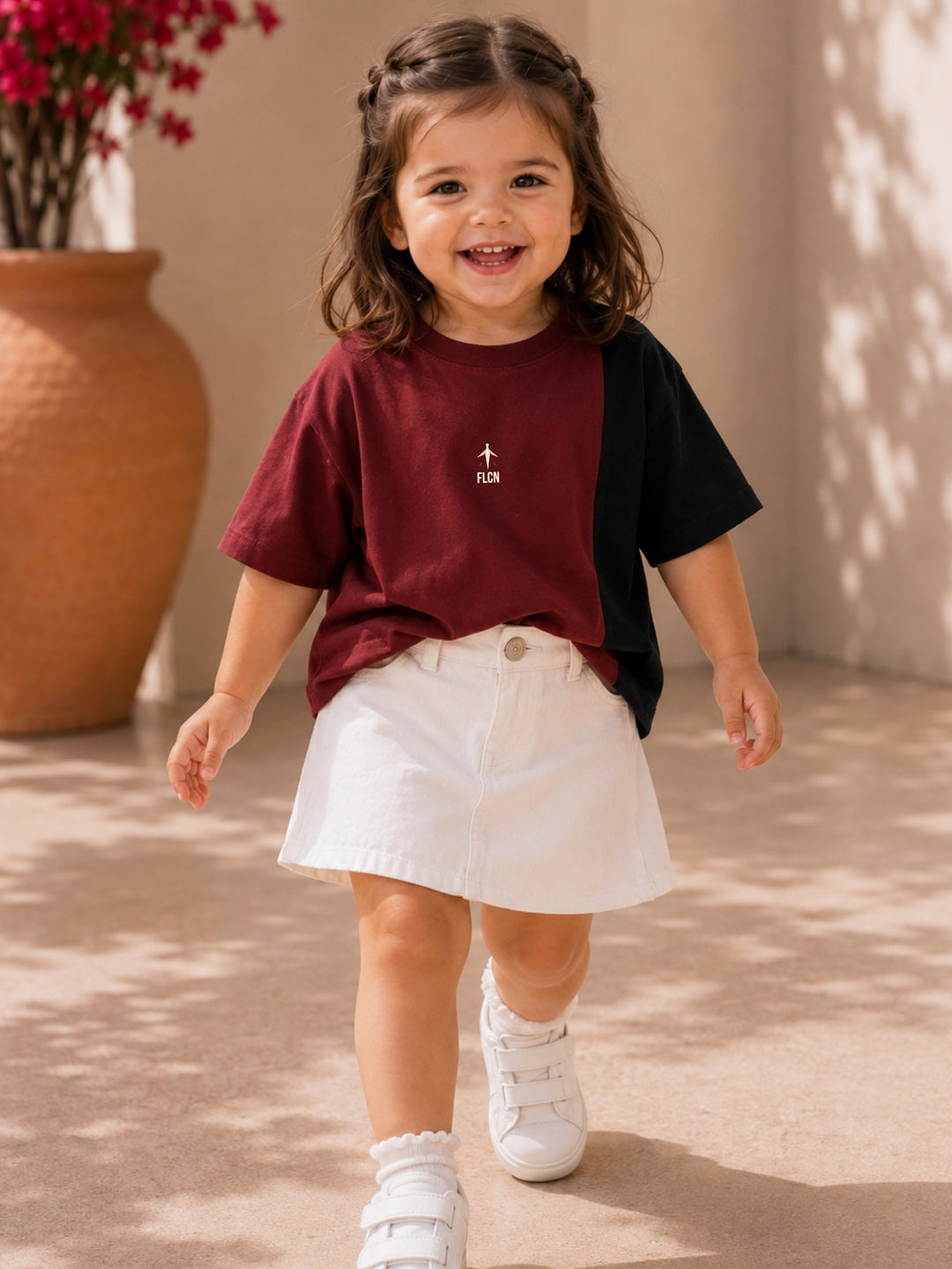 Girls' maroon & black colour block oversized drop-shoulder t-shirt | FLCN