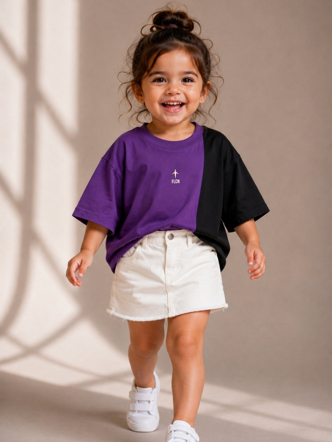 Girls' purple & black colour block oversized drop-shoulder t-shirt | FLCN