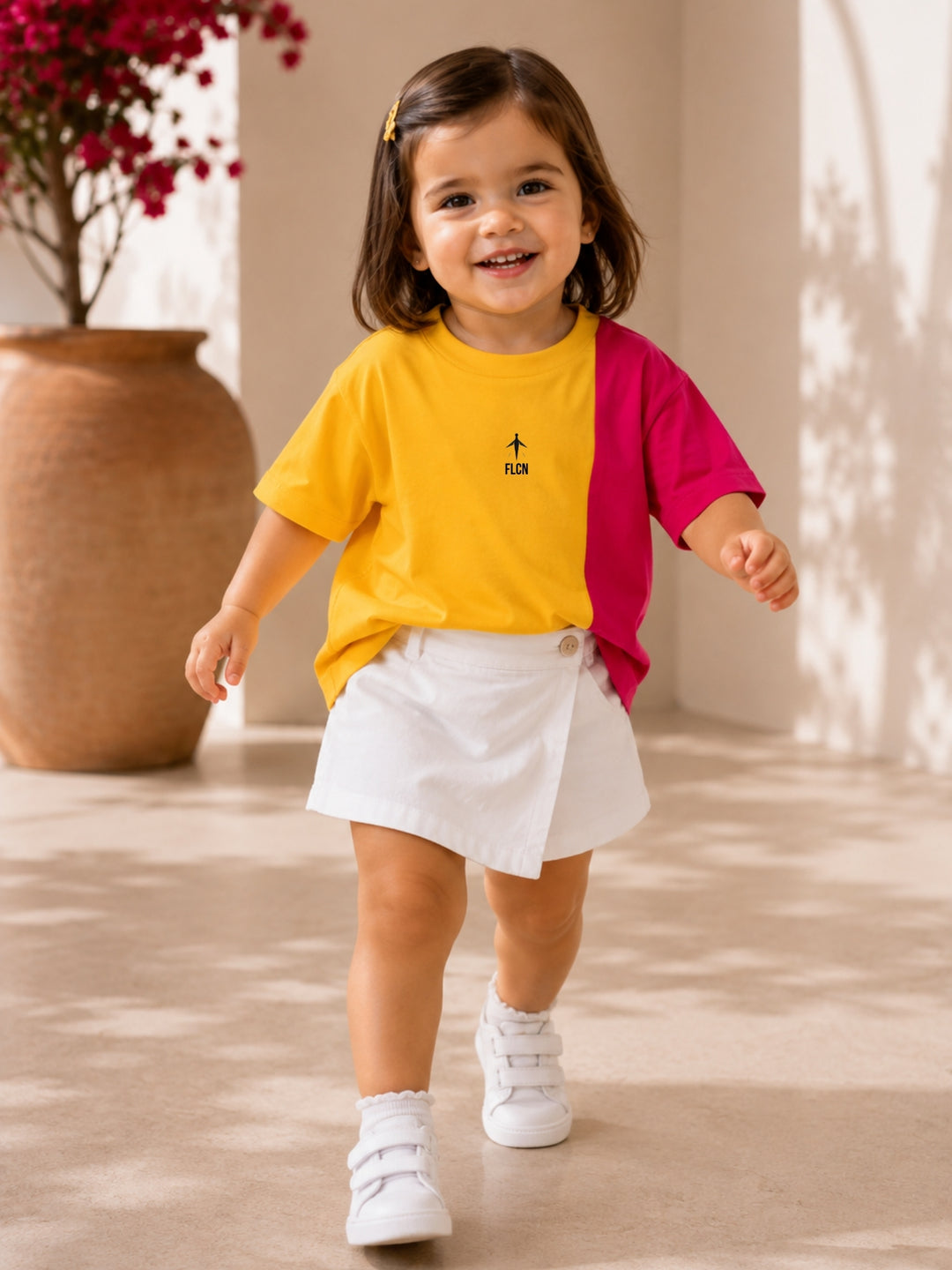 Girls' yellow & magenta pink colour block oversized drop-shoulder t-shirt | FLCN
