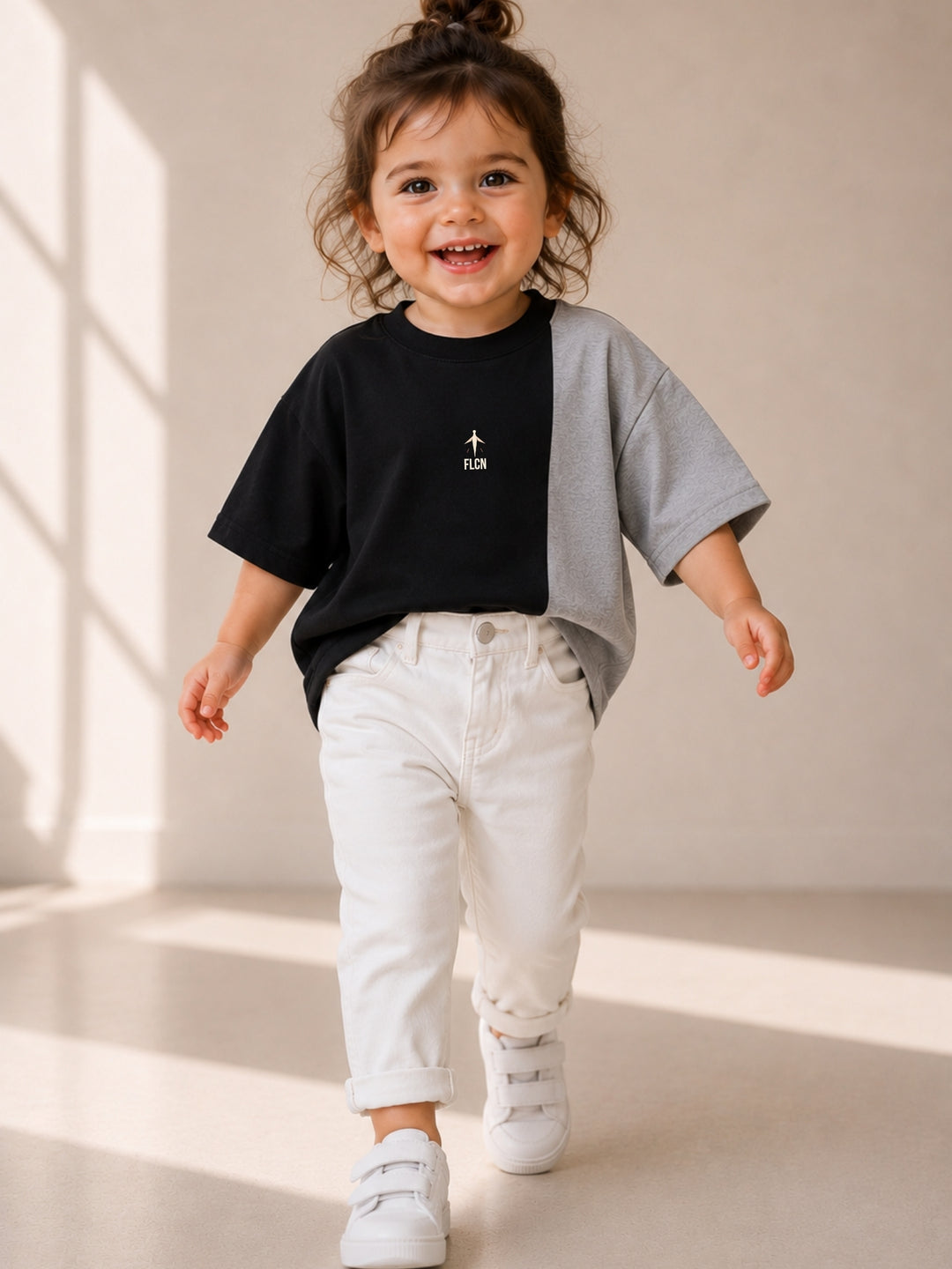Girls' black & gray colour block oversized drop-shoulder t-shirt | FLCN