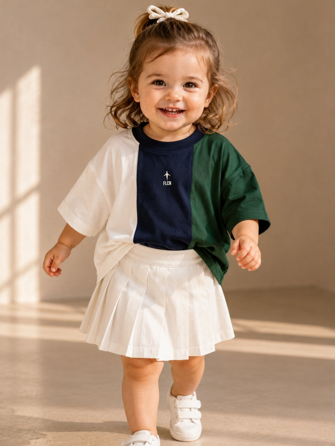 Girls' white, navy blue & green colour block oversized drop-shoulder t-shirt | FLCN