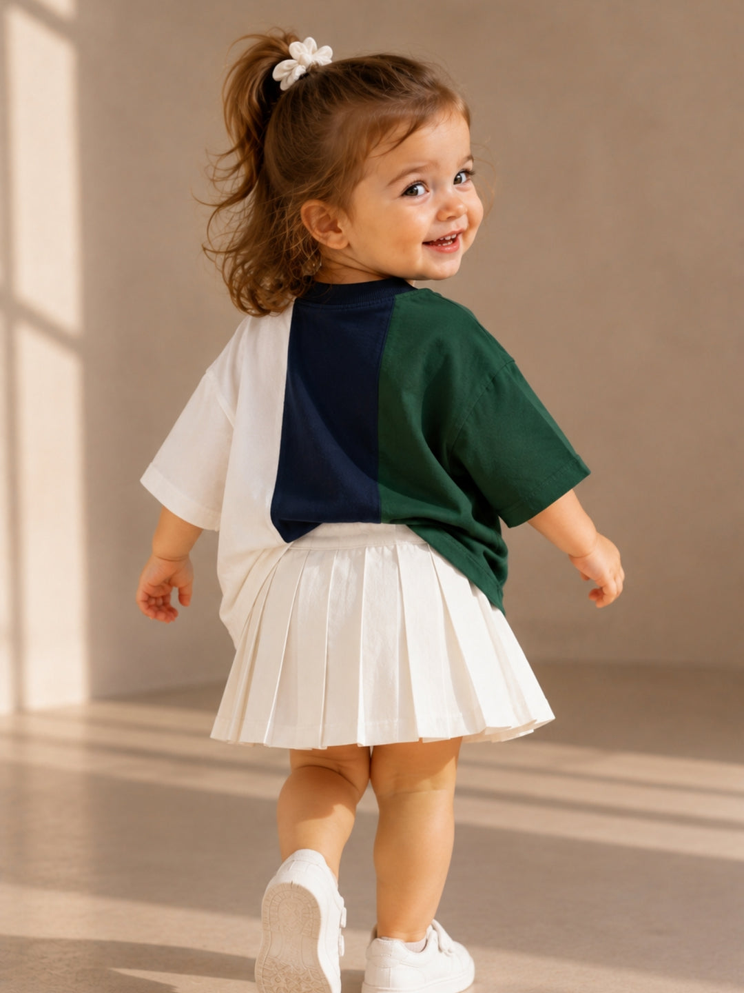 Girls Oversized T-Shirt – White, Navy Blue &amp; Green
