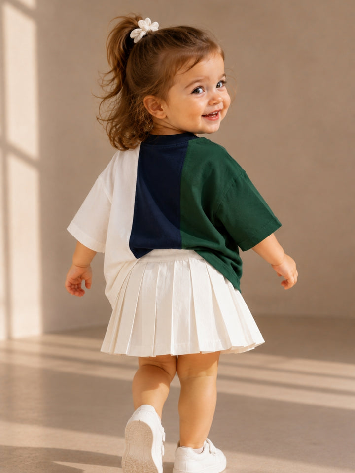 Girls Oversized T-Shirt – White, Navy Blue &amp; Green