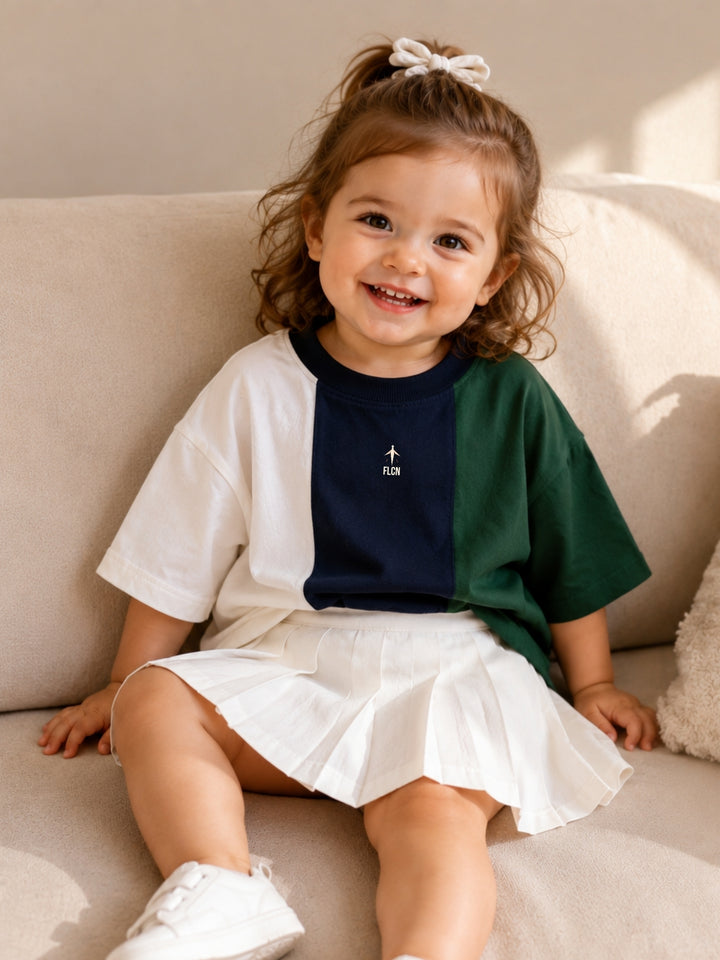 Girls Oversized T-Shirt – White, Navy Blue &amp; Green