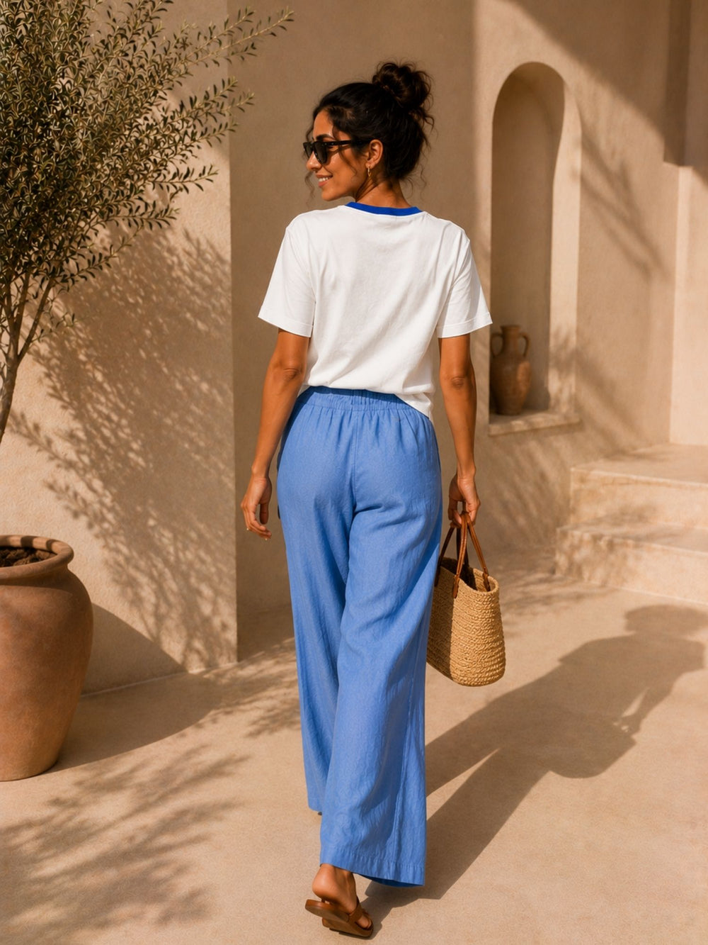 Women's white & royal blue oversized boxy t-shirt with Amalfi print, view 2 | FLCN