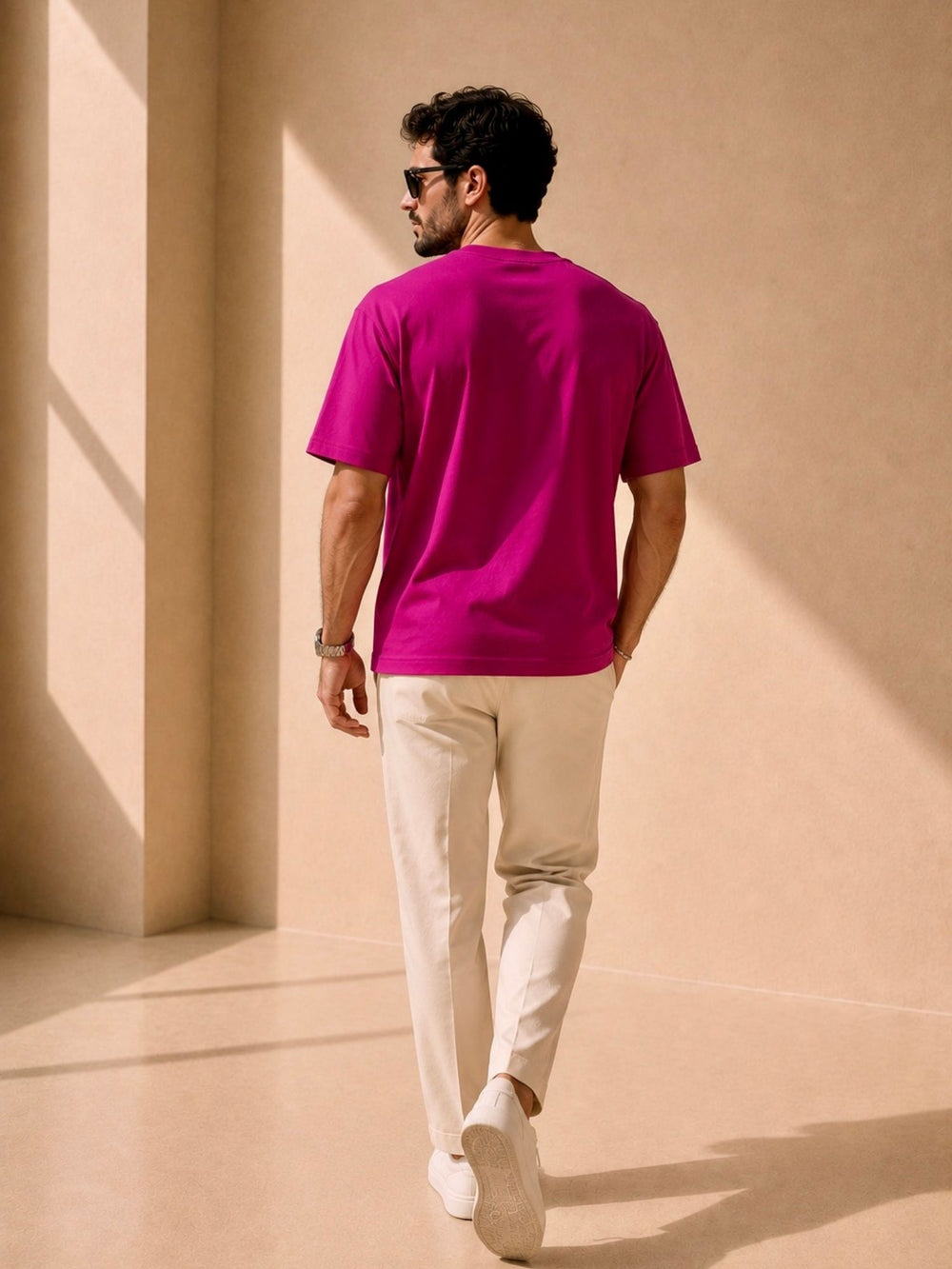 Men's magenta pink oversized boxy t-shirt, view 2 | FLCN