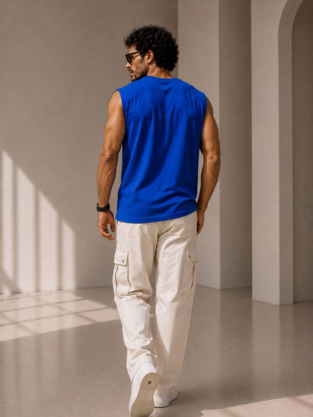 Men's royal blue oversized boxy tank with Sorted print, view 2 | FLCN
