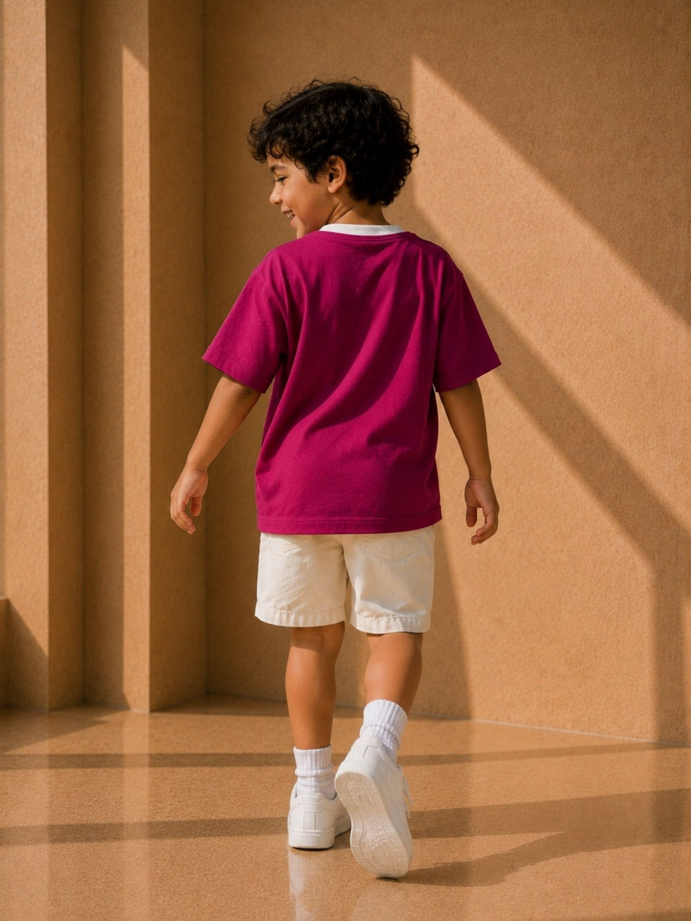 Boys's magenta pink & white oversized boxy t-shirt, view 2 | FLCN